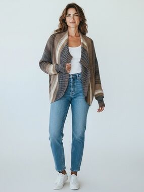 Relaxed Open-Front Striped Cardigan - Brown Multi